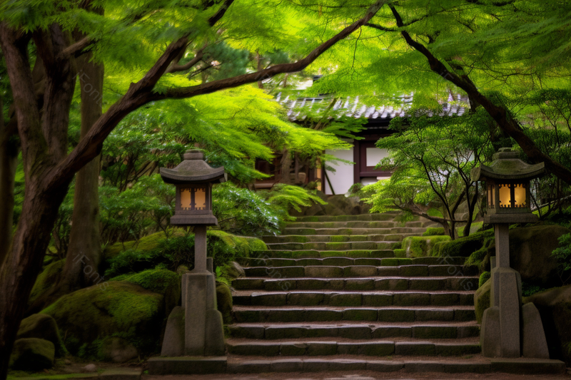 深绿色树叶清新禅意的台阶,高清,摄影图,摄影图片,图片大全,摄影图免费下载